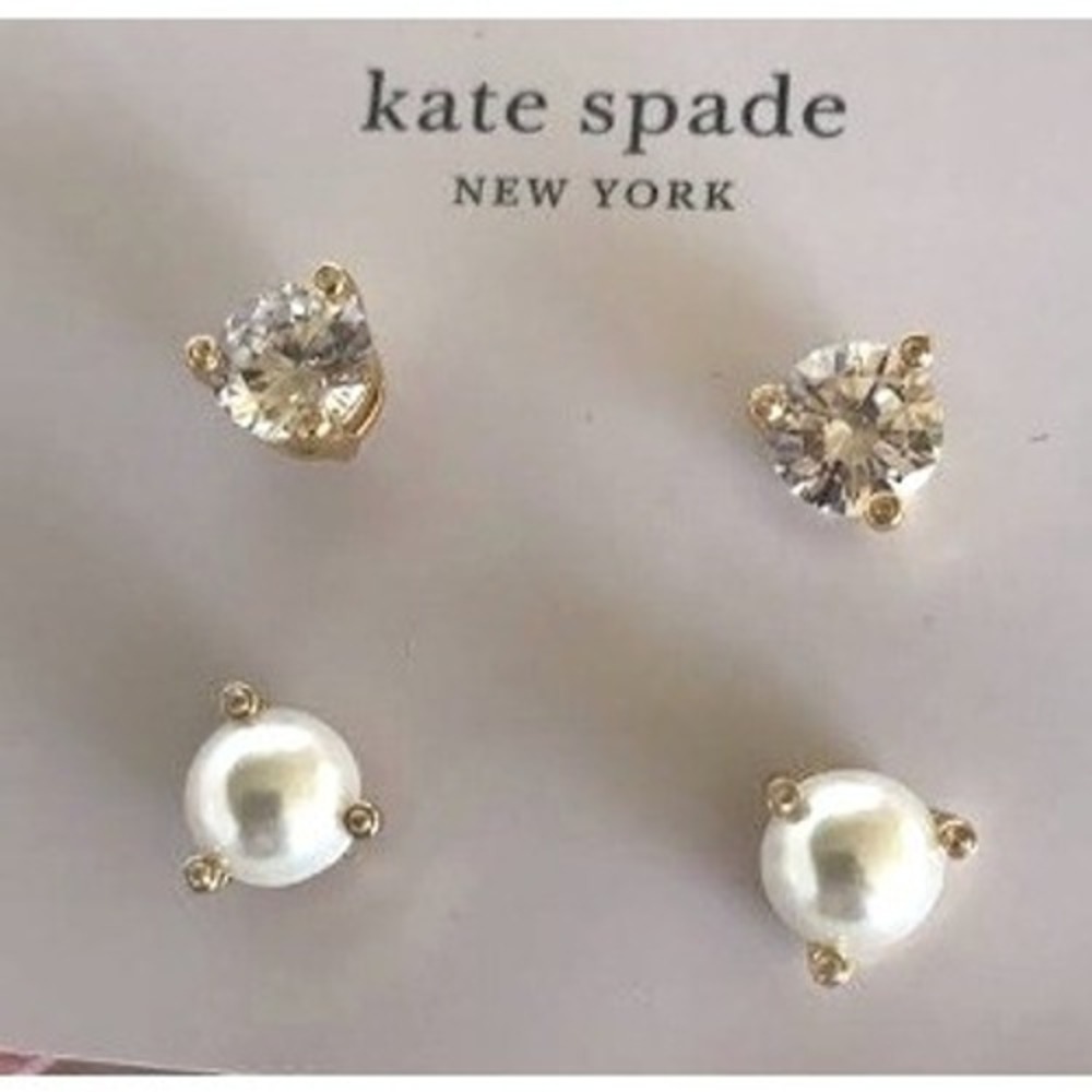 Kate Spade Rise and Shine Stud Earrings Set Cream Clear Gold Tone Classic Women - Picture 6 of 8